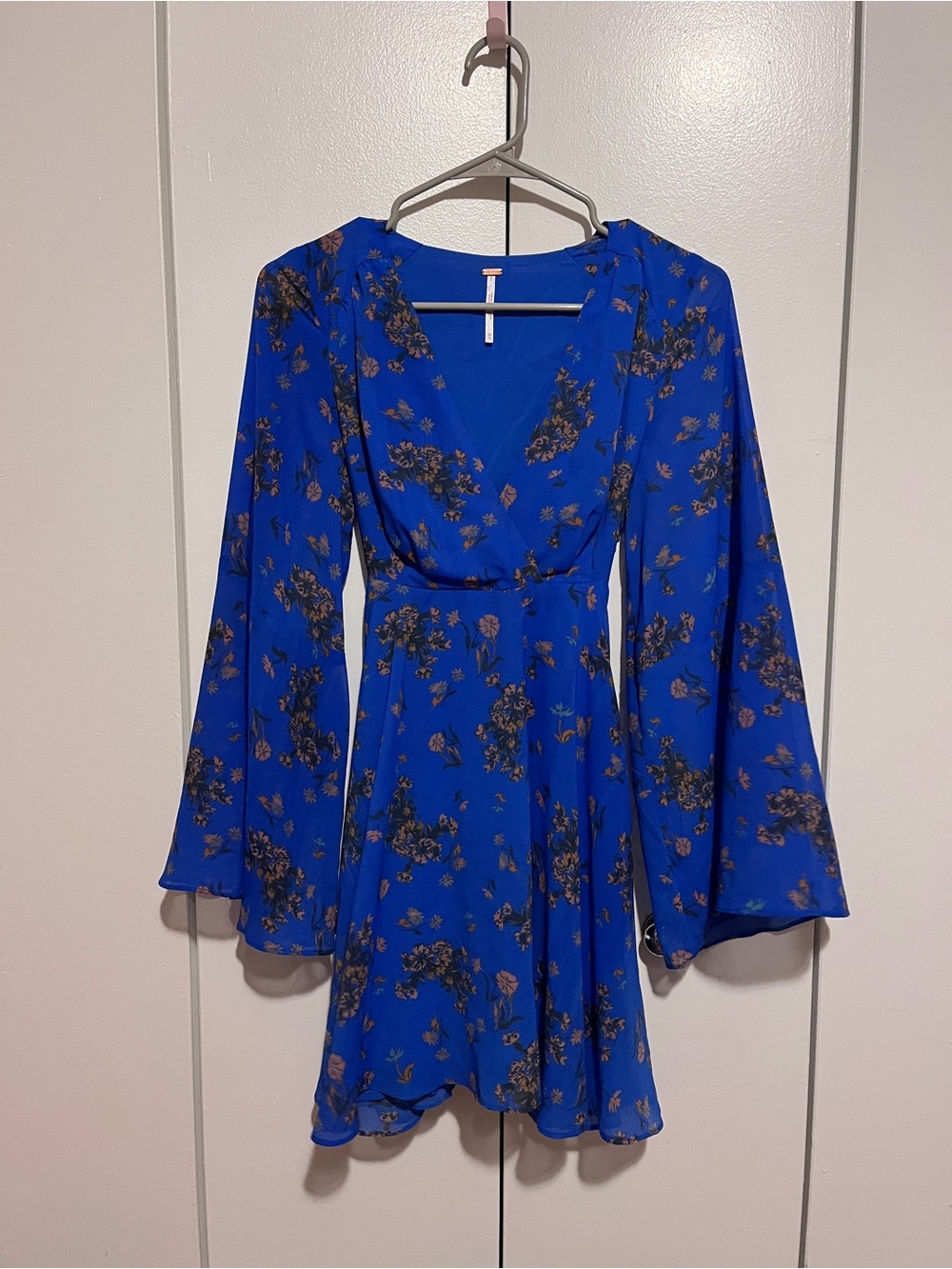 Free People Blue Floral Bell Sleeve Mini Dress XS